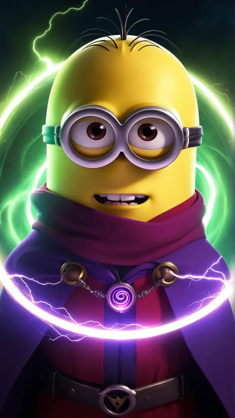 <lora:MinionStyleXL:1.3> MinionStyle portrait, looking at viewer, solo, upper body, detailed background, detailed face, (<lora:BloodMagic:0.6> fantasy, bloodmagic theme:1.1) evil summoner, Green magical robes, determined expression, crimson color scheme, dark purple light, summoning circle, dark atmosphere, shadows, realistic lighting, floating particles, sparks, surrounded by yellow lightning <lora:LightingVFX:0.1>, casting spell, purple arcane symbols, bloom, as a minion, 3D, pixar, CG, (colorful:1.2)
