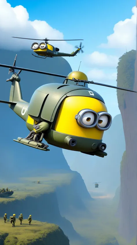 fantasy, archaeology theme, <lora:MinionStyleXL:1> MinionStyle Vietnam War era huey helicopter transporting troops and providing air support as a minion