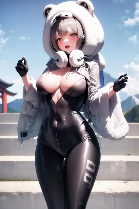 masterpiece, best quality, 1girl, solo, <lora:neve-nikke-richy-v1:1>neve, animal hood, bodysuit, fur trim, wide sleeves, gloves, jacket, navel, headphones around neck, standing, east asian architecture, stairs, temple, mountainous horizon