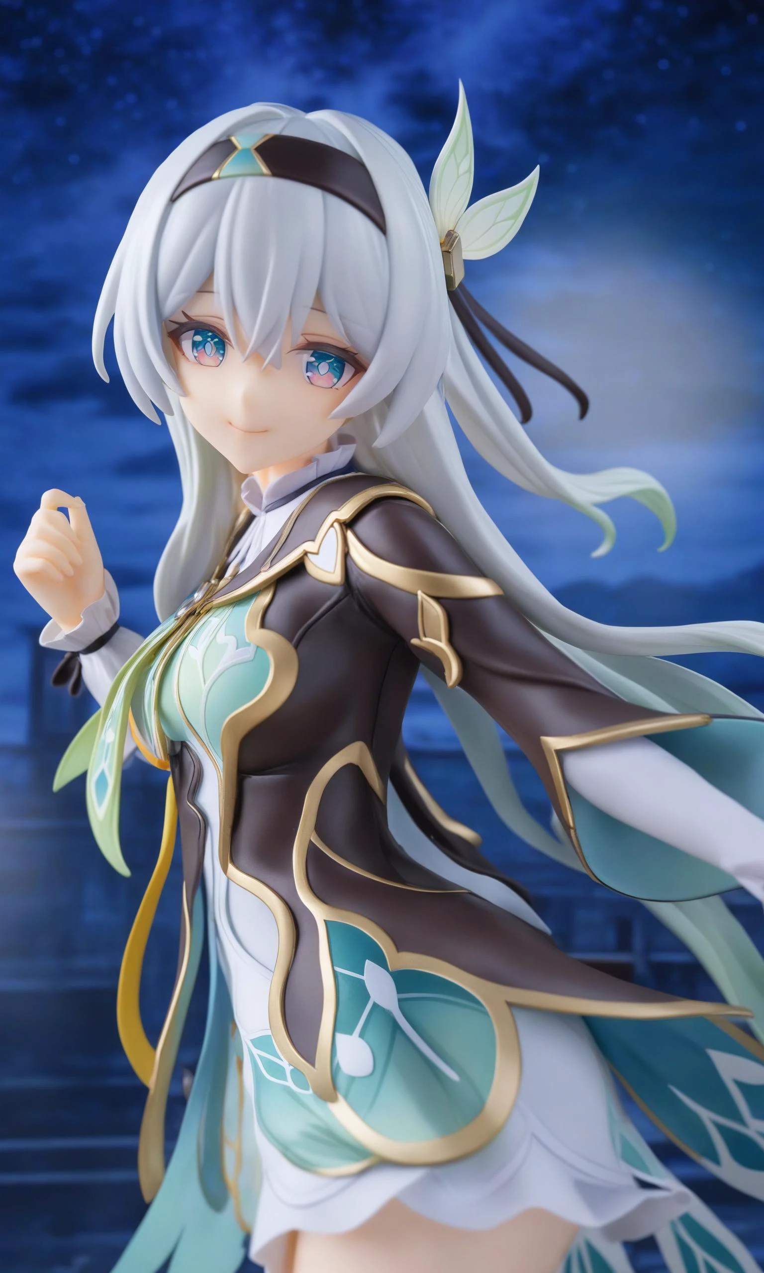 figure,masterpiece,best quality,<lora:firefly_new:1>,firefly \(honkai: star rail\), 1girl, solo, sky, star_\(sky\), looking_at_viewer, smile, long_hair, starry_sky, blue_eyes, bangs, night, hairband, night_sky, closed_mouth, white_hair, long_sleeves, black_hairband, wing_hair_ornament, hair_ornament, dress, hair_between_eyes