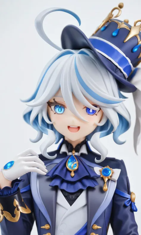 figure,masterpiece,best quality,<lora:furina:1>,1girl, furina \(genshin impact\), genshin impact, cowlick, top hat, blue jacket, blue ascot, blue brooch, kodona, simple background, open mouth, blue headwear, streaked hair, upper teeth only, solo, long hair, light blue hair, white background, smile, white hair, ahoge, mismatched gloves, white gloves, long sleeves, hair between eyes, blue gemstone,