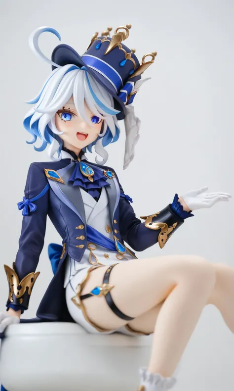 figure,masterpiece,best quality,<lora:furina:1>,1girl,furina \(genshin impact\),genshin impact,cowlick,top hat,blue jacket,blue ascot,blue brooch,kodona,simple background,open mouth,blue headwear,streaked hair,upper teeth only,solo,long hair,light blue hair,white background,smile,white hair,ahoge,mismatched gloves,white gloves,long sleeves,hair between eyes,blue gemstone,
