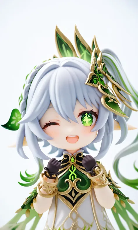 figure,<lora:çº³è¥¿å¦²:1>,nahida_\(genshin_impact\),hat,green_eyes,solo,pointy_ears,witch_hat,one_eye_closed,multicolored_hair,gloves,white_background,green_bow,simple_background,bow,long_hair,smile,black_gloves,green_hair,looking_at_viewer,open_mouth,cross-shaped_pupils,symbol-shaped_pupils,green_headwear,bangs,white_hair,green_cape,gradient_hair,side_ponytail,hat_bow,teeth,streaked_hair,green_bowtie,blush,upper_body,grey_hair,