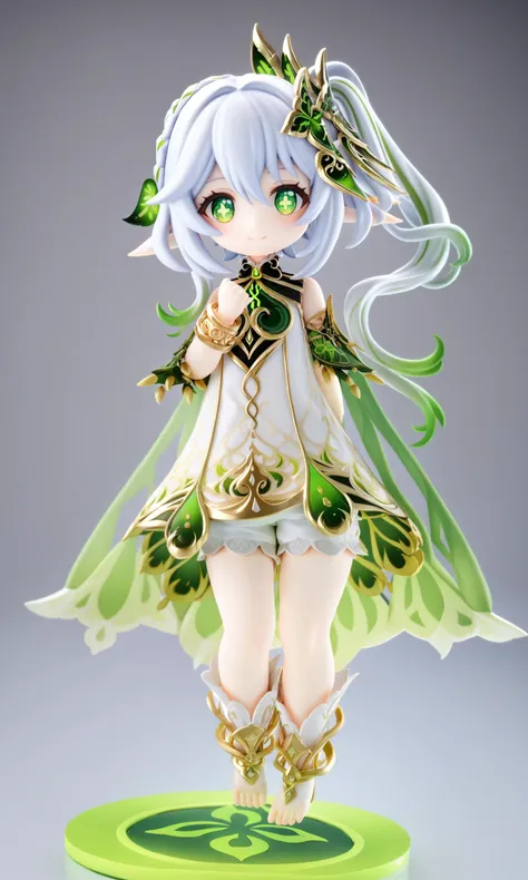 figure,<lora:çº³è¥¿å¦²:1>,nahida_\(genshin_impact\),solo,green_eyes,dress,pointy_ears,multicolored_hair,white_dress,smile,bloomers,side_ponytail,hair_ornament,white_background,white_hair,full_body,long_hair,cross-shaped_pupils,symbol-shaped_pupils,looking_at_viewer,gradient_hair,simple_background,sleeveless_dress,jewelry,green_hair,underwear,sleeveless,bracelet,white_bloomers,detached_sleeves,green_cape,bangs,arm_behind_back,toes,toeless_footwear,cape,hair_between_eyes,closed_mouth,female_child,green_sleeves,leaf_hair_ornament,standing,