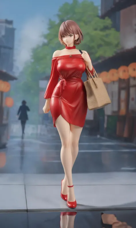 miaokapvc,best quality,ultra detailed,realistic,shiny_skin,(masterpiece, best quality), On a bustling modern city street, a fashionable urban woman strides quickly by. Her attire is simple yet stylish, a red dress paired with high heels that showcase the independence and confidence of urban women. Her short hair is neatly styled, and she carries the latest smartphone, multitasking as she walks. Her face is focused, and her steps are firm, reflecting the busyness and efficiency of modern women.,figure