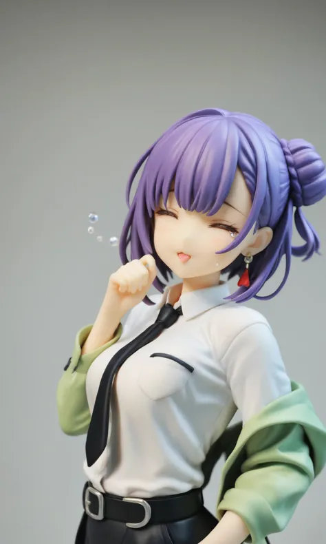 miaokapvc,best quality,masterpiece,(shiny_skin:1.1),highres,detailed,(sharp edges),
1girl, solo, :3, animal ear fluff, animal ear legwear, belt, black belt, black necktie, bob cut, chibi, closed eyes, collared shirt, crying, earrings, flipped hair, gradient background, green shirt, grey background, hair bun, hands up, hand in pocket, hair slicked back, hand to own mouth, hood, hood up, jewelry, looking at viewer, miku day, looking to the side, looking up, necktie, purple hair, red hair, shirt, shirt tucked in, single strap, sleep bubble, smile, streaming tears, tears, triangle mouth, upper body, v
