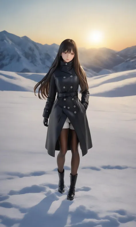 miaokapvc,best quality,ultra detailed,realistic,shiny_skin,a girl with straight black long hair stands in the snowy winter landscape. Her hair gently sways in the cold wind, dressed in a warm black winter coat, paired with a pair of stylish high-top boots. Her legs are clad in black tights, with a pair of warm gloves peeking out from beneath short pants, creating a contrast that showcases a fashionable and energetic winter look. Her gaze is resolute, facing the world blanketed in silver and white, as if enjoying the purity and tranquility. The surrounding snowfield sparkles with dazzling light under the sun, and her figure stands out in this expanse of white. ,figure