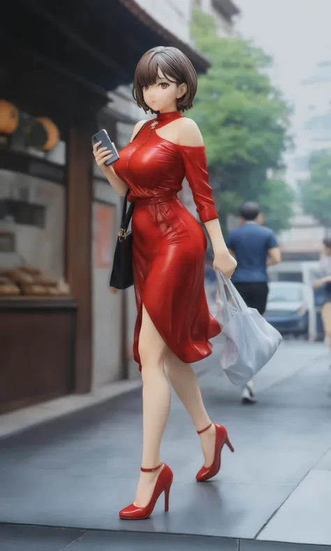 miaokapvc,best quality,ultra detailed,realistic,shiny_skin,(masterpiece, best quality), On a bustling modern city street, a fashionable urban woman strides quickly by. Her attire is simple yet stylish, a red dress paired with high heels that showcase the independence and confidence of urban women. Her short hair is neatly styled, and she carries the latest smartphone, multitasking as she walks. Her face is focused, and her steps are firm, reflecting the busyness and efficiency of modern women.,figure