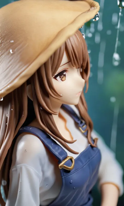 best quality,masterpiece,Portrait photography, with a mid-range composition, captures a beautiful chinese woman cryijng, standing in the rain. Water droplets continuously fall from her face, her hair and clothes saturated.with the background blurred. Her figure is perfect, tightly framed in the shot, creating a realistic image. She has luscious brown hair that complements her overall aesthetic.,figure
