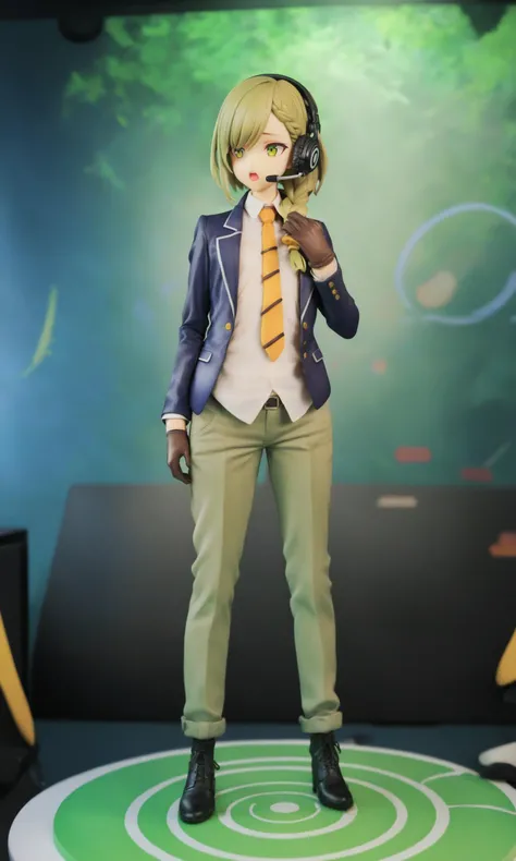 miaokapvc,best quality,masterpiece,(shiny_skin:1.1),highres,detailed,(sharp edges),
boyish woman standing and singing,(solo),
gradient hair,(olive hair:1.4),(asymmetrical inverted bob and braid:1.1),(orange asymmetrical bangs:1.2),
yellowish green eyes,edge up eyes,(flat chest:1.2),
(wearing blazer, shirt and tie, trousers, gloves, (ankle boots:0.7), Wearing Headphones, on stage, from front, Target tokens: olive, orange, yellowish green, black, white, Cutoff weight:1,