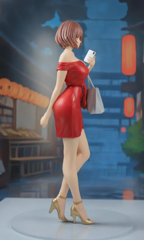 miaokapvc,best quality,ultra detailed,realistic,shiny_skin,(masterpiece, best quality), On a bustling modern city street, a fashionable urban woman strides quickly by. Her attire is simple yet stylish, a red dress paired with high heels that showcase the independence and confidence of urban women. Her short hair is neatly styled, and she carries the latest smartphone, multitasking as she walks. Her face is focused, and her steps are firm, reflecting the busyness and efficiency of modern women.,figure