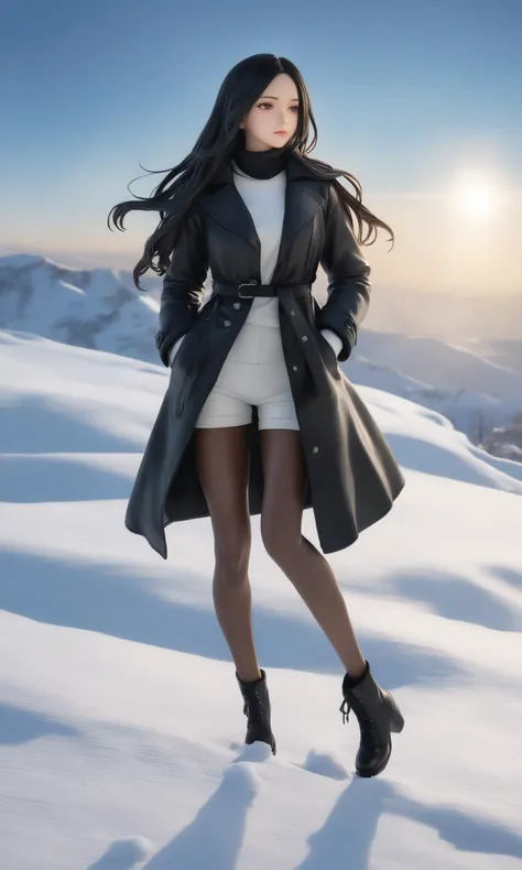 miaokapvc,best quality,ultra detailed,realistic,shiny_skin,a girl with straight black long hair stands in the snowy winter landscape. Her hair gently sways in the cold wind, dressed in a warm black winter coat, paired with a pair of stylish high-top boots. Her legs are clad in black tights, with a pair of warm gloves peeking out from beneath short pants, creating a contrast that showcases a fashionable and energetic winter look. Her gaze is resolute, facing the world blanketed in silver and white, as if enjoying the purity and tranquility. The surrounding snowfield sparkles with dazzling light under the sun, and her figure stands out in this expanse of white. ,figure