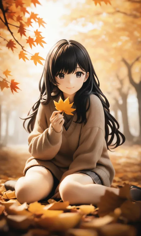 best quality,masterpiece,figure,a black-haired girl sits among the fallen leaves of autumn, her smile gentle, her black eyes shimmering with a sense of the changing seasons. She wears a cozy sweater, playing with a golden maple leaf in her hand. The afternoon sunlight filters through the sparse branches, casting warm patches of light on her. Her posture is comfortable and relaxed, her long hair casually draped over her shoulders, blending with the autumnal colors around her. The photo's high-resolution details and the faded analog effect evoke the coziness and nostalgia of fall.