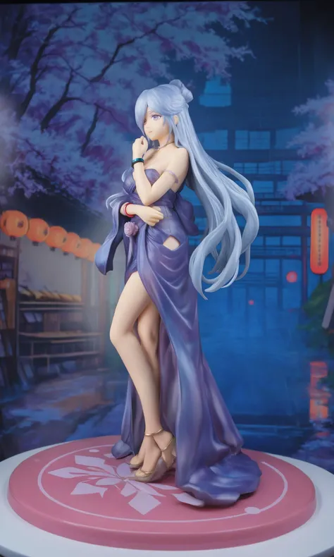 miaokapvc,best quality,ultra detailed,realistic,shiny_skin,In a cyberpunk-style city, a woman dressed in an elegant ancient gown stands under a holographically projected cherry blossom tree. Her skirt sways gently with the breeze, while an exquisite smart bracelet on her wrist displays her health status and schedule. Her long hair flows with the wind, her eyes reflecting the neon lights of the futuristic metropolis, as if an ancient fairy has stumbled into the modern world.,figure