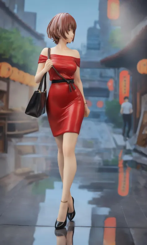 miaokapvc,best quality,ultra detailed,realistic,shiny_skin,(masterpiece, best quality), On a bustling modern city street, a fashionable urban woman strides quickly by. Her attire is simple yet stylish, a red dress paired with high heels that showcase the independence and confidence of urban women. Her short hair is neatly styled, and she carries the latest smartphone, multitasking as she walks. Her face is focused, and her steps are firm, reflecting the busyness and efficiency of modern women.,figure