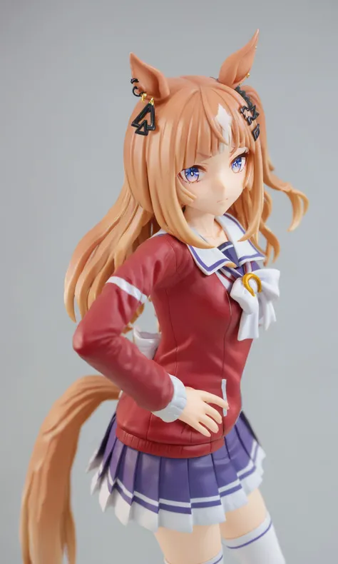 miaokapvc,best quality,masterpiece,(shiny_skin:1.1),highres,detailed,(sharp edges),<lora:SDXL_espoir_city_v1:0.6>,1girl,bangs,belt,black scrunchie,bow,bowtie,closed mouth,collarbone,espoir_city\(umamusume\),hair ornament,hands on hips,horse ears,horse tail,jewelry,kneehighs,long hair,long sleeves,looking at viewer,pleated skirt,red jacket,short sleeves,skirt,solo,thighhighs,tracen school uniform,track jacket,v-shaped eyebrows,
