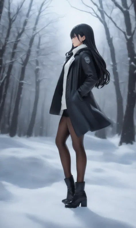 miaokapvc,best quality,ultra detailed,realistic,shiny_skin,a girl with straight black long hair stands in the snowy winter landscape. Her hair gently sways in the cold wind, dressed in a warm black winter coat, paired with a pair of stylish high-top boots. Her legs are clad in black tights, with a pair of warm gloves peeking out from beneath short pants, creating a contrast that showcases a fashionable and energetic winter look. Her gaze is resolute, facing the world blanketed in silver and white, as if enjoying the purity and tranquility. The surrounding snowfield sparkles with dazzling light under the sun, and her figure stands out in this expanse of white. ,figure