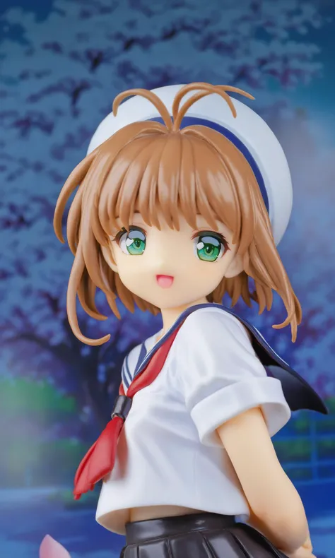 miaokapvc,best quality,masterpiece,(shiny_skin:1.1),highres,detailed,(sharp edges),
1girl, kinomoto sakura, solo,tomoeda uniform, green eyes, brown hair, skirt, school uniform, open mouth, hat, short sleeves, short hair, looking at viewer, smile, petals, puffy sleeves, black skirt, puffy short sleeves, antenna hair, white headwear, looking back, cherry blossoms, sailor collar, :d, white shirt, shirt, bangs, arms behind back,<lora:Card Captor Sakura Anime_XL:0.8>
