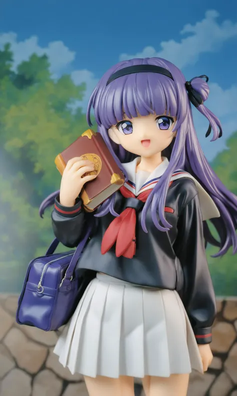miaokapvc,best quality,masterpiece,(shiny_skin:1.1),highres,detailed,(sharp edges),
1girl,daidouji tomoyo,skirt,school uniform,white skirt,solo,long hair,purple hair,pleated skirt,smile,bangs,hairband,tomoeda uniform,holding,open mouth,long sleeves,cloud,blunt bangs,1990s (style),day,leaf,retro artstyle,:d,sky,holding book,outdoors,book,white sailor collar,black shirt,shirt,standing,sailor collar,serafuku,blue sky,cowboy shot,blue eyes,looking at viewer,bag,black hairband,purple eyes,<lora:Card Captor Sakura Anime_XL:0.8>,