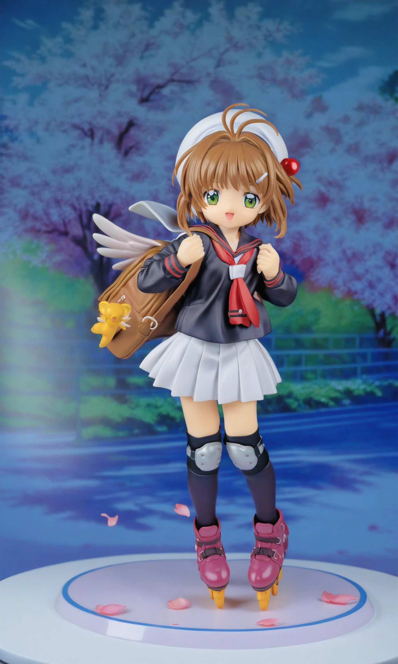 miaokapvc,best quality,masterpiece,(shiny_skin:1.1),highres,detailed,(sharp edges),
roller skates,1girl,kero,brown hair,kinomoto sakura,white skirt,inline skates,skates,tomoeda uniform,cherry blossoms,school uniform,skirt,green eyes,white headwear,bag,backpack,open mouth,hat,1990s (style),petals,short hair,smile,retro artstyle,pleated skirt,hair bobbles,:d,knee pads,full body,bangs,looking at viewer,serafuku,antenna hair,female child,hair ornameeature,black shirt,wings,long sleeves,neckerchief,sailor collar,outdoors,shirt,day,<lora:Card Captor Sakura Anime_XL:1>,