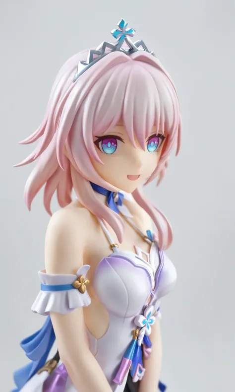 figure,best quality, masterpiece,    march_7th_(princess)_(honkai:_star_rail), 1girl, solo, upper_body, smile, small_breasts, breasts, dress, official_alternate_costume, sleeveless, tiara, march_7th_(honkai:_star_rail), white_background, sleeveless_dress, honkai:_star_rail, honkai_(series), bare_shoulders, looking_at_viewers ï¼  <lora:march_7th_v3:1>