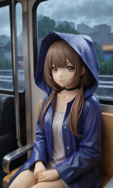 looking at viewer,expressionless,hina amano,long hair,low twintails,choker,raincoat,sitting,indoors,bus interior,overcast,rain,city,best quality,masterpiece,realistic,absurdres,Highly detailed,