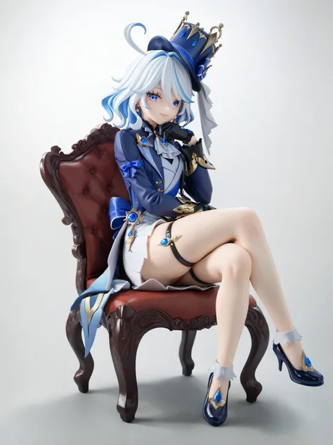 masterpiece, best quality, furina (genshin impact),chibi,1girl, hat, solo, sitting, blue eyes, crossed legs, gloves, high heels, blue hair, looking at viewer, multicolored hair, black gloves, white hair, ahoge, black footwear, chair, blue headwear, smile, full body, jacket, top hat, bow, feathers, bangs, short hair, thigh strap, long sleeves, closed mouth, jewelry, bare legs, hat feather, blue jacket, breasts, streaked hair, head rest, gradient, dress, grey background, shoes, fur trim, hat bow, gradient background, hair between eyes, simple background, two-tone hair, armchair, lips, ascot, legs, earrings, mini hat, tilted headwear, cropped jacket, medium hair, thighs