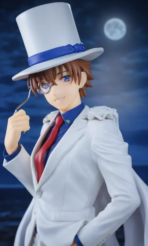 figure,masterpiece,best quality,game cg,<lora:kaitou_kid:1>,blue_shirt, white_jacket, male_focus, magic_kaito, dress_shirt, parted_lips, necktie, hat, night_sky, monocle_chain, smile, top_hat, outdoors, looking_at_viewer, moon, monocle, suit, shirt, red_necktie, jacket, sky, white_suit, upper_body, grin, white_cape, formal, full_moon, 1boy, depth_of_field, solo, blurry, night, cape, meitantei_conan, kaitou_kid