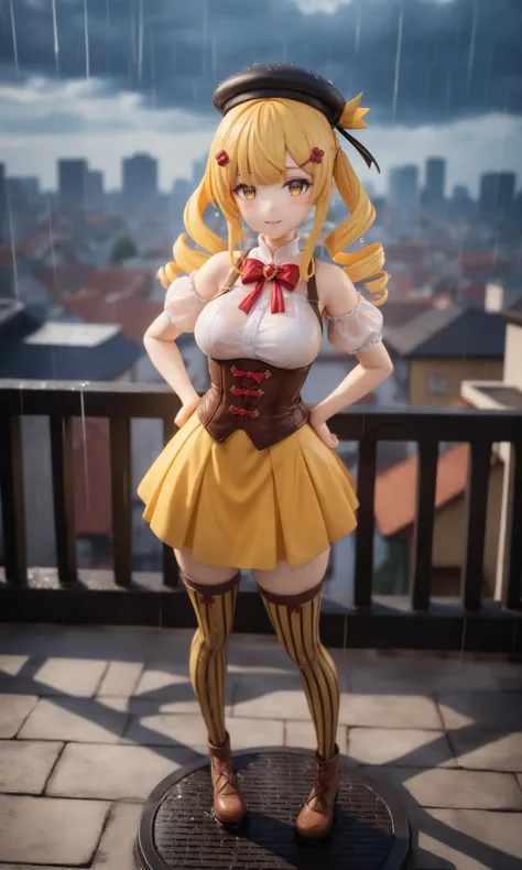 surreal,amazing quality,masterpiece,best quality,awesome,inspiring,cinematic composition,soft shadows,Film grain,shallow depth of field,highly detailed,high budget,cinemascope,epic,OverallDetail,color graded cinematic,atmospheric lighting,imperfections,natural,shallow dof,
1girl,solo,looking at viewer,yellow eyes,blonde hair,drill hair,twin drills,bangs,hair ornament,hairpin,tomoe mami,magical girl,skirt,shirt,thighhighs,short sleeves,detached sleeves,puffy short sleeves,beret,corset,striped thighhighs,vertical stripes,high collar,brown thighhighs,vertical-striped thighhighs,yellow skirt,black headwear,dutch angle,outdoors,rooftop,cityscape,building,railing,rain,hands on hips,cowboy shot,blue sky,scenery,from above,wet clothes,wet,wet hair,((rain)),see-through,wet shirt,smile,blush,parted lips,