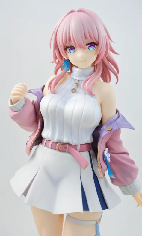 figure,best quality, masterpiece,   ï¼  <lora:march_7th_v3:0.8>ï¼1girl, solo, smile, medium_breasts, breasts, sweater, jacket, skirt, official_alternate_costume, belt, sleeveless, jewelry, turtleneck, ribbon, earrings, ribbon_earrings, white_background, casual, white_skirt, looking_at_viewer, simple_background, high_belt, single_earring, two-tone_ribbon, honkai_(series), sleeveless_sweater, march_7th_(honkai:_star_rail), closed_mouth, march_7th_(feast)_(honkai:_star_rail), long_sleeves, gradient_jacket, blue_jacket, pink_ribbon, purple_belt, white_sweater, pink_jacket, cropped_torso, honkai:_star_rail, white_sleeves, open_clothes, off_shoulder, turtleneck_sweater, open_jacket, bare_shoulders, pink_belt, blue_ribbon, purple_jacke