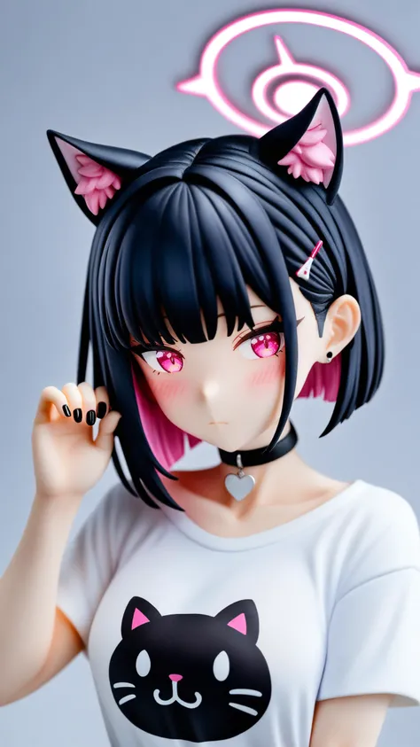 kazusa (blue archive),1girl,animal ears,solo,black hair,halo,shirt,cat ears,pink hair,multicolored hair,white background,white shirt,simple background,looking at viewer,choker,upper body,extra ears,blush,short sleeves,black choker,collarbone,black nails,colored inner hair,closed mouth,pink eyes,t-shirt,two-tone hair,pink halo,nail polish,alternate costume,short hair,