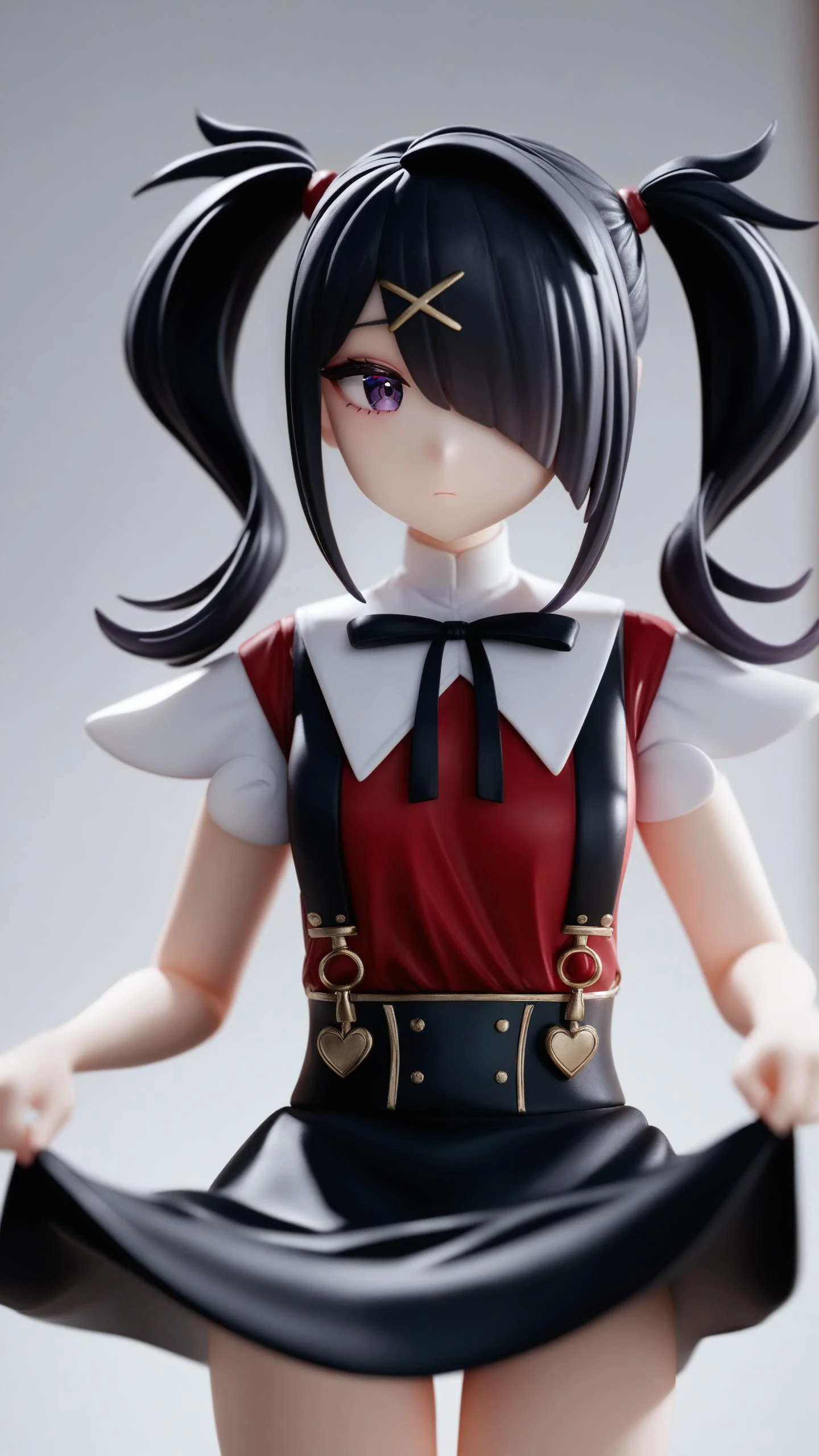 surreal,amazing quality,masterpiece,best quality,awesome,inspiring,cinematic composition,soft shadows,Film grain,shallow depth of field,highly detailed,high budget,cinemascope,epic,color graded cinematic,atmospheric lighting,imperfections,natural,shallow dof,
<lora:ame-chan:1>,ame-chan \(needy girl overdose\),1girl,solo,twintails,black hair,purple eyes,hair over one eye,white background,suspender skirt,simple background,black skirt,looking at viewer,lifted by self,skirt lift,short sleeves,bangs,x hair ornament,one eye covered,black ribbon,cowboy shot,red shirt,closed mouth,