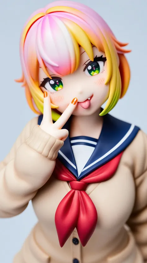 highly detailed figure,photo background,anime figure,surreal,
1girl,virtual youtuber,blonde hair,green eyes,tongue out,official alternate hairstyle,tongue,official alternate hair length,solo,short hair,neckerchief,red neckerchief,white background,looking at viewer,simple background,upper body,:p,official alternate costume,sailor collar,nail polish,long sleeves,v,multicolored hair,orange nails,smile,head tilt,blush,pink hair,v over eye,brown cardigan,cardigan,gradient hair,frills,sleeves past wrists,fang,sweater,