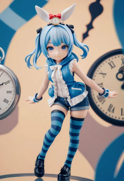 (best quality, ultra detailed), [fluid abstract art, glitch noise, blue tone:mysterious, alice in wonderland, 1girl, smile, frills, sleeveless hoodie, short shorts, bow on head, pocket watch, asymmetrical socks, thighhighs, artistic filter, double exposure, gaussian blur effect:0.15],