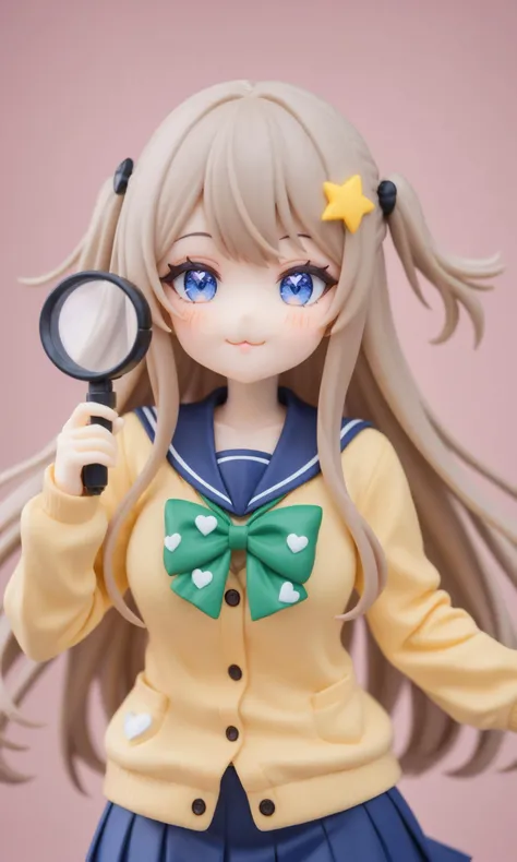 1girl,neuro-sama,indie virtual youtuber,:3,^_^,bandaid,blue eyes,blue sailor collar,blue skirt,blush,border,bow,bowtie,cable,cardigan,character name,closed eyes,cursor,diffraction spikes,electric plug,eyelashes,floating,floating hair,gears,green bow,green bowtie,hair ornament,halftone,hand cursor,heart,heart hair ornament,heart print,hourglass,light brown hair,long hair,looking at viewer,looking up,magnifying glass,microphone,plug,plus sign,sailor collar,school uniform,serafuku,skirt,solo,star (symbol),star print,yellow cardigan,newest,absurdres,highres,normal quality,