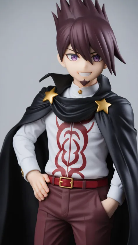 1boy, male focus, 
momota kaito, danganronpa \(series\), 
military uniform, uniform, black jacket, pants, hand in pocket, grey background, star print, two-tone background, brown pants, white background, black cape, red belt, military, cape, solo, facial hair, belt, cowboy shot, hand on own hip, grin, jacket, goatee, simple background, military jacket, star \(symbol\), print ornament, looking at viewer, smile, 
masterpiece, best quality