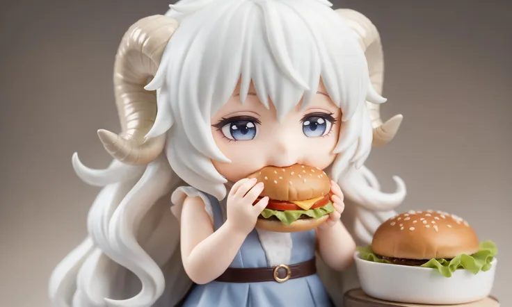 best quality,masterpiece,realistic,
1girl,chibi,solo,absurdres,
lauriescooper, sheep horns, very long hair, fluffy hair, white hair, sheep girl, young, messy hair, eating a hamburger,
<lora:Laurie:0.8>,