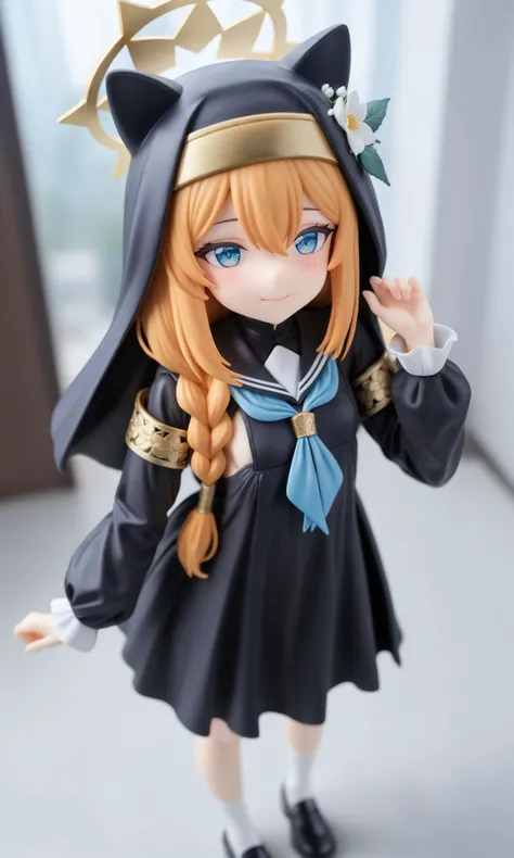 (masterpiece), (best quality), (ultra-detailed), very aesthetic, illustration, perfect composition, intricate details, absurdres,
mari \(blue archive\),1girl, solo
orange hair, blue eyes, animal ear headwear , halo, single braid, long hair,white flower,hair between eyes,
nun, sailor_collar, long_sleeves, blue_neckerchief, hat_flower, habit, long sleeves, dress,balck student shoes,white socks,
small breasts,blush, smile,
standing ,(douch angle),