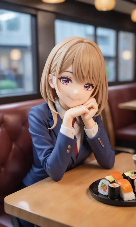 masterpiece,best quality,absurdres,very authentic,1girl,solo,Furuhashi Suzuna,Suzuna's business suit,solo,looking at viewer,smile,head on hand,own hands together,depth of field,indoors,restaurant,coach,window,food,sushi,table,