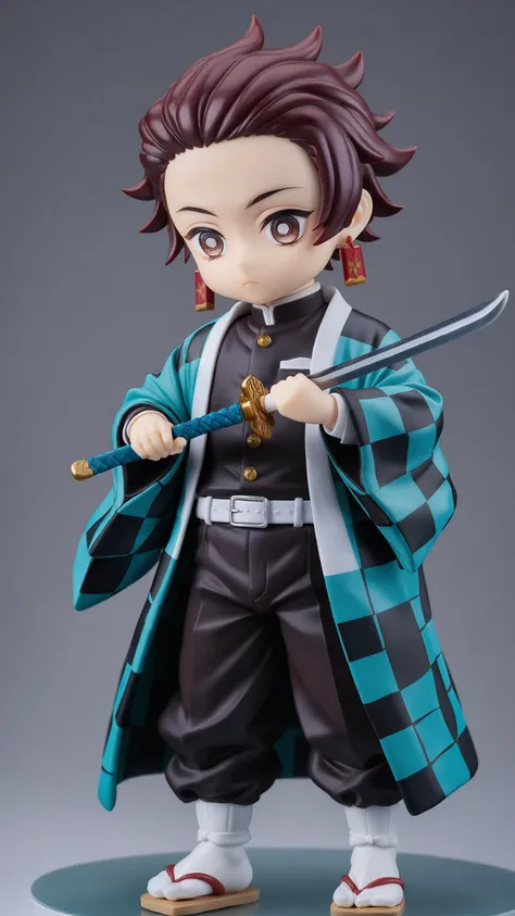 1boy, male focus, 
kamado tanjirou, kimetsu no yaiba, 
simple background, weapon, standing, holding sword, brown eyes, sword, demon slayer uniform, wide sleeves, white legwear, blue theme, looking down, holding weapon, long sleeves, black pants, alternate weapon, looking at viewer, brown hair, holding, pants, white cape, checkered haori, tabi, jewelry, cape, earrings, 
masterpiece, best quality