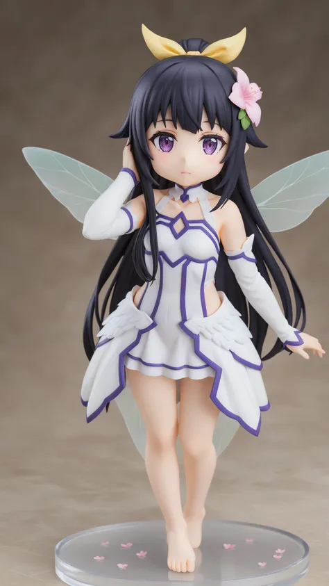 1girl,
yui \(sao-alo\), sword art online,
hair ribbon, long hair, transparent wings, minigirl, size difference, ribbon, collarbone, detached sleeves, white dress, very long hair, barefoot, fairy wings, dress, mini person, pink flower, small breasts, wings, hair flower, breasts, yellow ribbon, flying, purple eyes, flower, hand in own hair, white sleeves, hair ornament, white wings, looking at viewer, solo, black hair, bare legs, fairy,
masterpiece, best quality