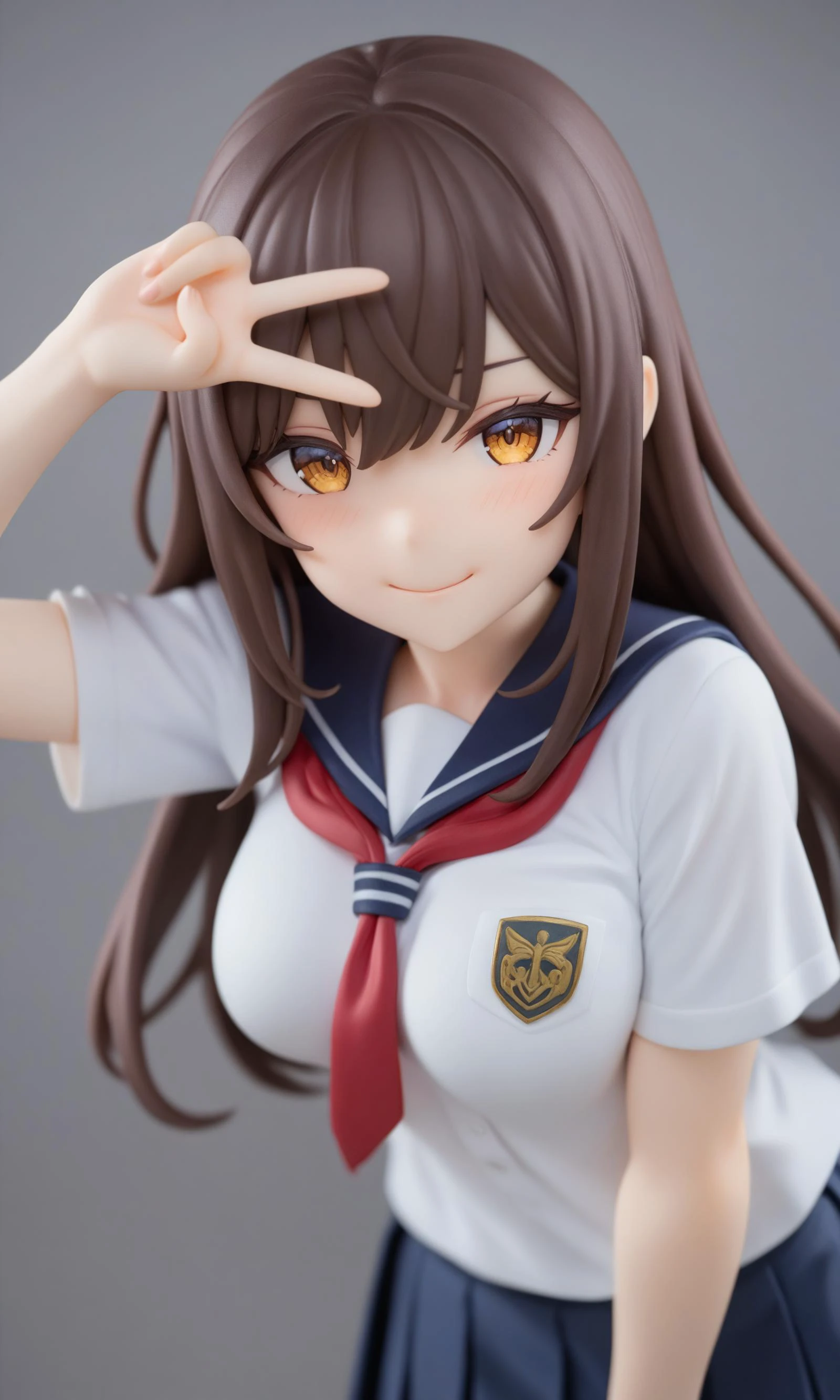 ultra-detailed,masterpiece,best quality,wallpaper,8k,shy smile,standing,
1girl,medium breasts,school uniform,kiraboshi,v,v over eye,male focus,looking at viewer,From front,Face Focus,simple background,