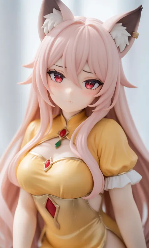 (masterpiece),best quality,1girl,solo,1girl,luxida,Vtuber,red eyes,saint,white pink hair,long hair,short sleeves,golden dress,closed mouth,looking at viewer,hair between eyes,blush,serious face,upper body,masterpiece,best quality,very aesthetic,absurdres,Sing,animal_ears,no background,