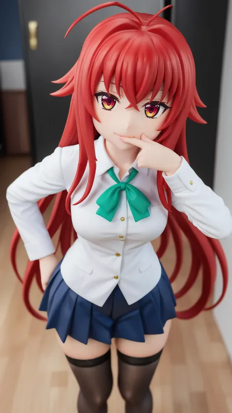 18 years old,mature_female,1girl,rias gremory,high school dxd,light smile,mouth closed,high school uniform,black thighhighs,licking finger,looking at viewer,extremely detailed,raytracing,cgi,colorpop,masterpiece,best quality,very aesthetic,absurdres,