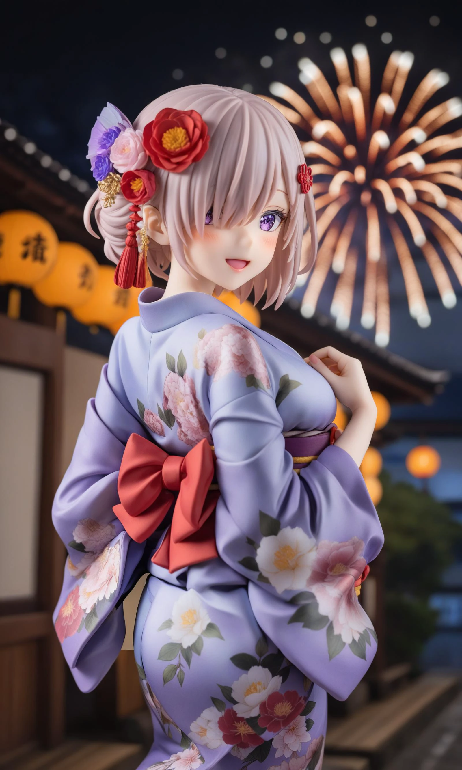 1girl,safe,mash kyrielight,solo,looking at viewer,blush,smile,open mouth,short hair,hair ornament,purple eyes,flower,japanese clothes,alternate costume,looking back,hair flower,kimono,hair over one eye,sash,night,floral print,new year,happy new year,purple kimono,fireworks,aerial fireworks,