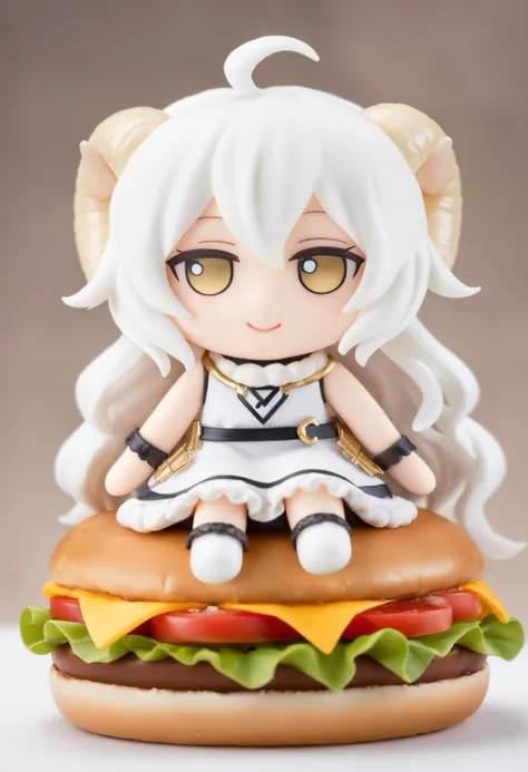 lauriescooper, sheep horns, very long hair, fluffy hair, white hair, sheep girl, young, messy hair, white dress, chibi, smile,
<lora:Laurie:0.8>,
score_9, score_8_up, score_7_up, fumo \(doll\), chibi, sitting on top of a big cheeseburger, close up,
<lora:style_toyfumo_ponyXL:1>