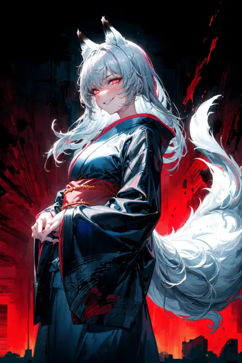 (abstract art:1.3),(psychedelic,futuristic:1.2),masterpiece, highly detailed 8k cg, best cinematic quality, volumetric lighting and shadows,perfect reflection,
(white theme:1.2), (fox theme:1.2),
(white long hair, 1 perfect girl with sexy body,perfect white fox ears,red glowing eyes, glowing body,kimono,1 perfect white fox tail,IncrsTailsFixer,smirk,canine tooth,perfect detail face,perfect detail hands,perfect detail fingers :1.43),
(only use 3 colors,white,black,garnet),
ultra high res, <lora:TailsFixer:0.6> IncrsTailsFixer,<lora:acid_fluid_lora:0.4> <lora:DarkIncursioStyle:0.4>, night, (dark environment) <lora:Gloomifier_V2_TheGlow:0.3> <lora:add_detail:1> <lora:Perfect fingers Lora:0.4>