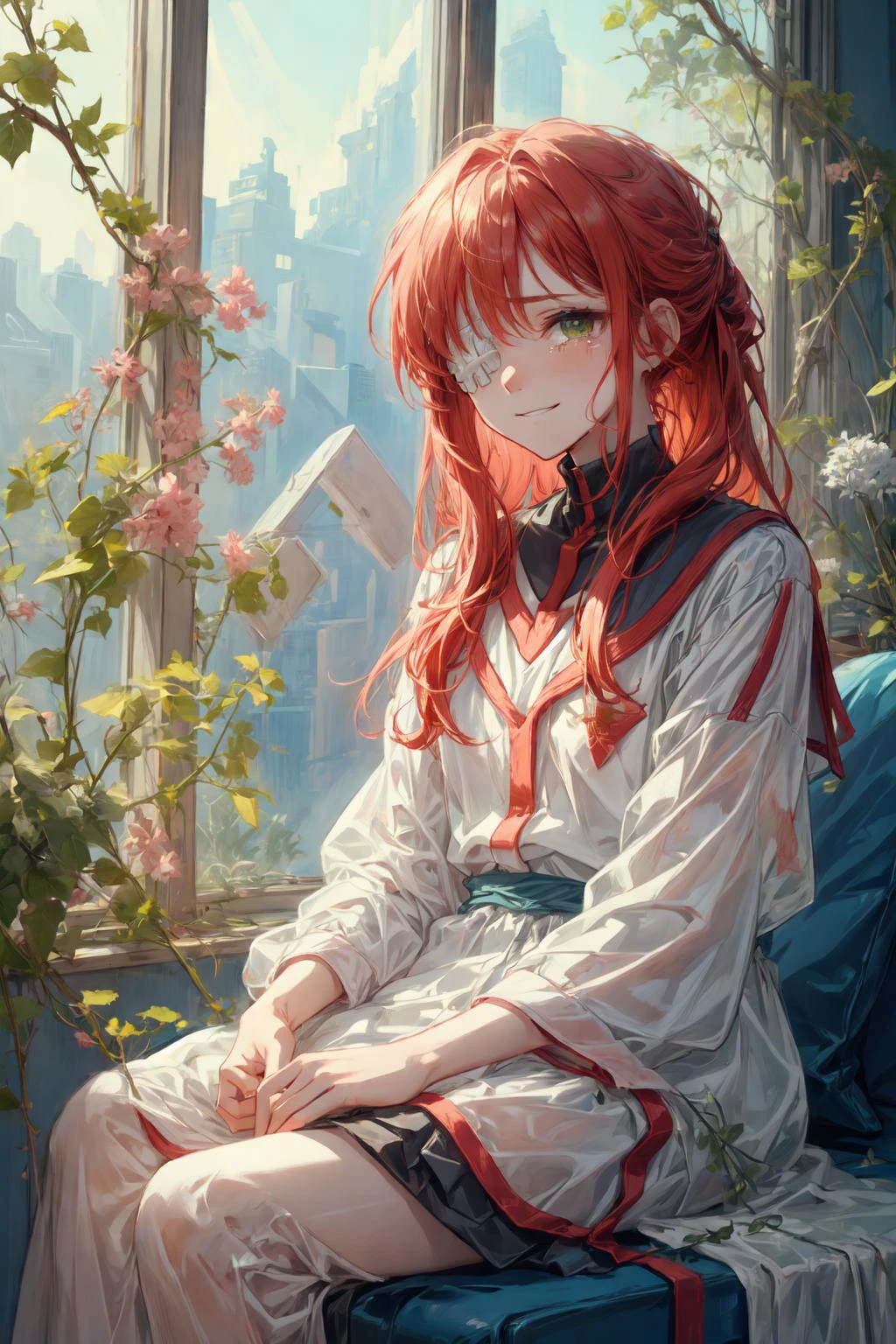 ( aestheticism,bitmap graphics:1.4),
(emotional, mood, deep,comfort,concise:1.3),
(fluid, translucent, artistic:1.39),
1 weak sickly , pretending to be strong,extreme fatigue, illness,
(eyepatch:1.28),glowing green eye, long hair, red hair, (gaze at the viewer,undetectable smile,reluctant to leave,tears rolling,tears shining:1.3),
(white theme,bright theme,therapeutic :1.3),
<lora:Yuri:0.8> (yuriai:1.3), <lora:windowsill_20231022112322:0.5>sitting at windowsill, vine,window <lora:add_detail:0.75>