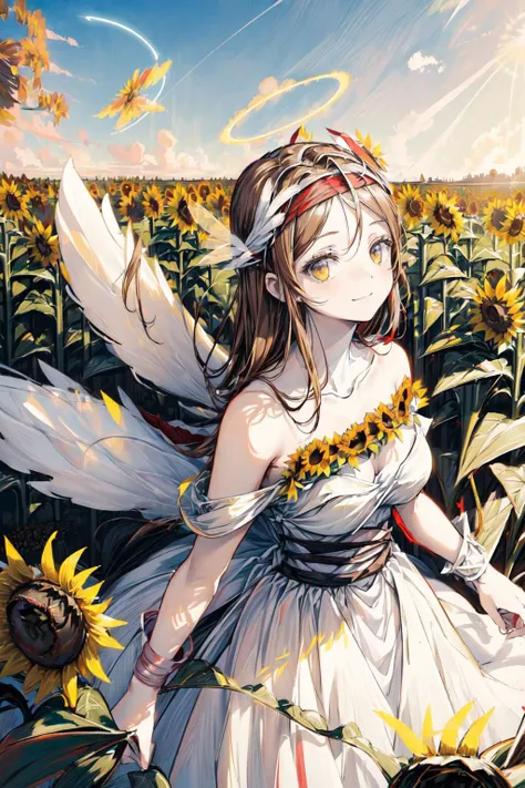 (((best quality,master piece,Highest light and shadow effect,black theme,white theme,:1.3))),(sunny weather,blue sky with sparse white clouds,Soothing atmosphere,colorful:1.3),perfect detail amber eyes,long (beautiful deep brown hair:1.4),perfect detail hand,perfect detail face,(snow white skin),1 sexy girl,malkuth,(angewomon, angel wings,halo,red headband:1.6),perfect full breasts ,(((Beautiful sunflower field background,outside))),(Soft look),(affectionate gaze),(subtle smile),(Envy),(look directly at the viewer),(rely on viewer's arm) <lora:Malkuth-06:0.5> <lora:Angewomon:0.7> <lora:add_detail:1> <lora:animeoutlineV4_16:0.7> <lora:PerfectFullBreasts-fCV3.5:1> <lora:AngelT:0.5>