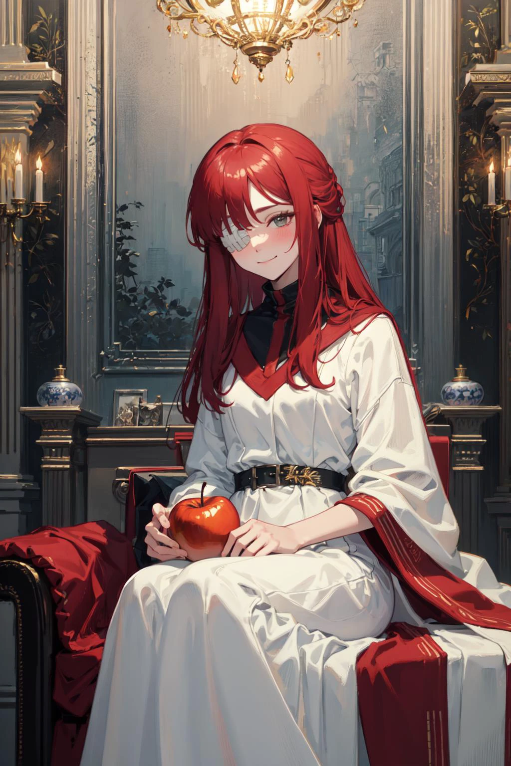 cherry red theme, golden atmosphere, delicate coloring, soft and beautiful white light and shadow,
(platinum and ivory white long dress with low-key luxury beauty decor:1.4013467054),
(1girl, long hair, red hair,eyepatch,serving a beautiful golden apple,little smile,blushing, shy;1.3887264985137),
masterpiece, best quality, ultra high res, beautiful, visually stunning, award-winning art, incredible details, (therapeutic, cute, miraculous beauty:1.118), <lora:Yuri:1>yuriai,